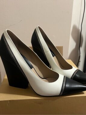 Michael Kors Black and White Pointed Block Heel Pumps with Zipper Trim